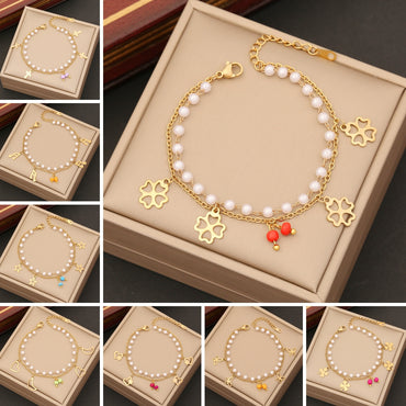 Simple Style Commute Cross Four Leaf Clover Flower Stainless Steel Artificial Pearl Beaded Layered Plating Bracelets