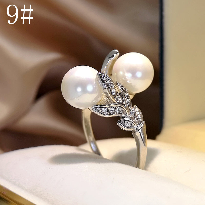 Vintage Style Shiny Leaf Metal Plating Inlay Artificial Pearls Rhinestones Silver Plated Women's Rings