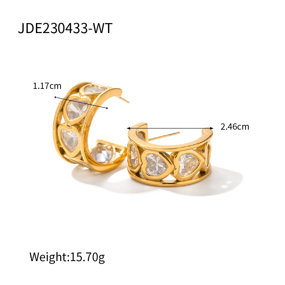1 Pair Ins Style C Shape Heart Shape Inlay Stainless Steel Artificial Diamond 18k Gold Plated Ear Studs