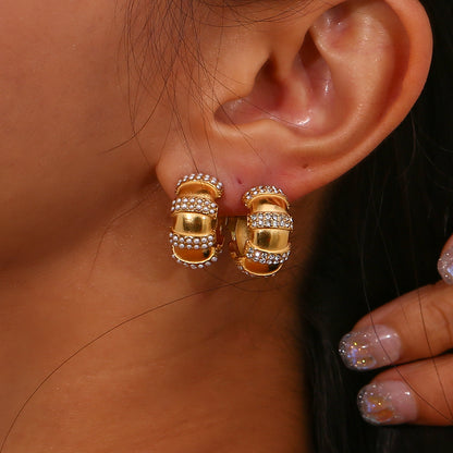 1 Pair Vintage Style C Shape Plating Inlay Stainless Steel Rhinestones Pearl 18k Gold Plated Ear Studs