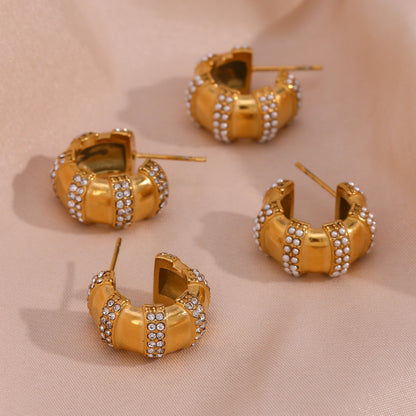 1 Pair Vintage Style C Shape Plating Inlay Stainless Steel Rhinestones Pearl 18k Gold Plated Ear Studs