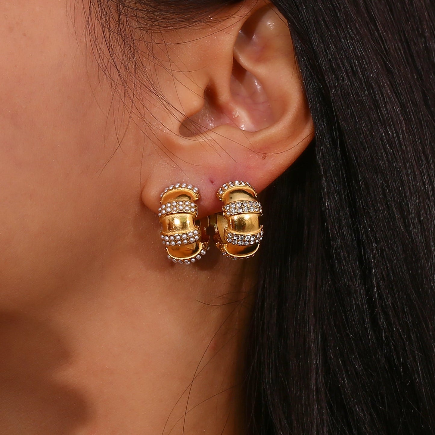 1 Pair Vintage Style C Shape Plating Inlay Stainless Steel Rhinestones Pearl 18k Gold Plated Ear Studs