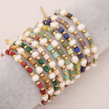 Casual Vacation Round Stainless Steel Artificial Pearl Natural Stone Bracelets In Bulk