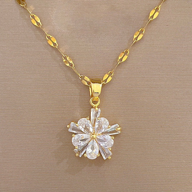 Sweet Flower Titanium Steel Copper Inlay Zircon Earrings Necklace