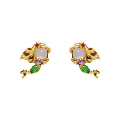 1 Set Cute Cartoon Character Brass Asymmetrical Plating Inlay Zircon 18k Gold Plated Ear Studs