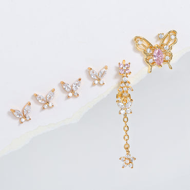 1 Set Sweet Butterfly Brass Asymmetrical Plating Inlay Zircon 18k Gold Plated Ear Studs