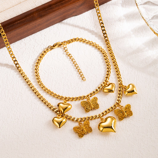 Wholesale Ins Style Elegant Heart Shape Flower Butterfly Stainless Steel 18k Gold Plated Bracelets Necklace