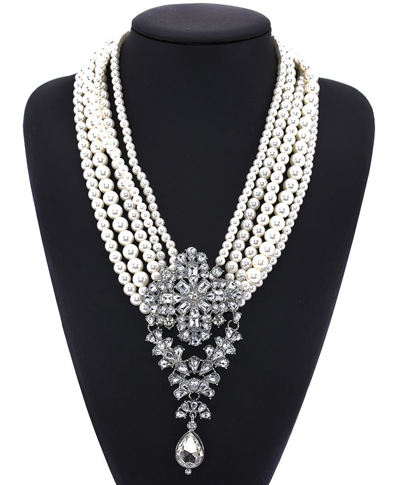 Exaggerated Luxurious Geometric Artificial Pearl Alloy Inlay Artificial Crystal Women's Necklace