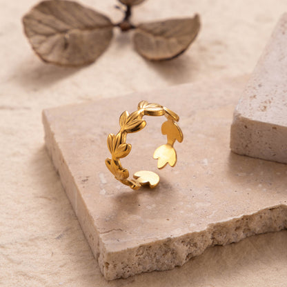 Ins Style Streetwear Leaf Flower Snake Stainless Steel Plating 18k Gold Plated Open Ring