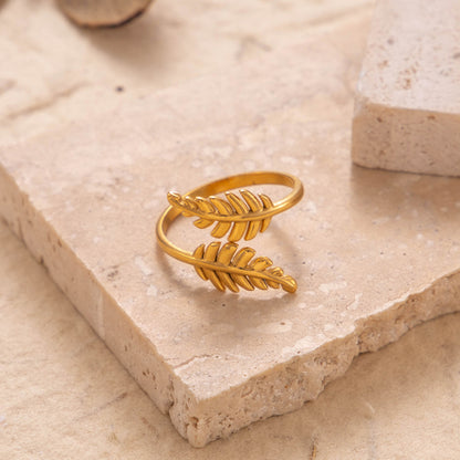 Ins Style Streetwear Leaf Flower Snake Stainless Steel Plating 18k Gold Plated Open Ring