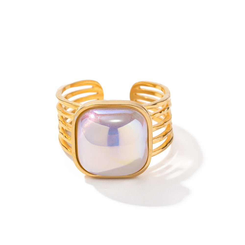 Ins Style Streetwear Square Stainless Steel Plating Inlay Pearl 18k Gold Plated Open Ring