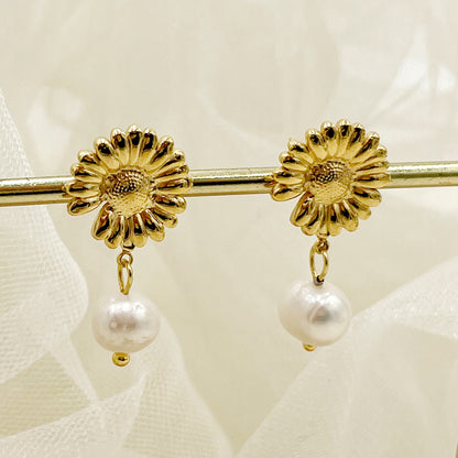 Casual Vacation Sunflower Stainless Steel Metal Pearl Plating Gold Plated Women's Drop Earrings