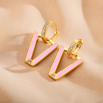 1 Pair Modern Style V Shape Copper Enamel Plating Inlay Zircon Gold Plated Drop Earrings