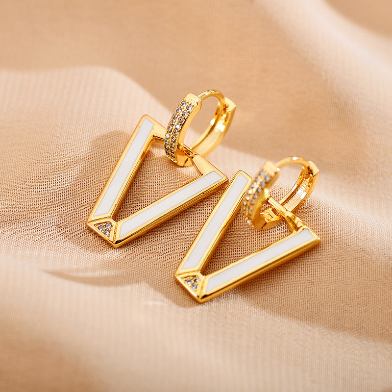 1 Pair Modern Style V Shape Copper Enamel Plating Inlay Zircon Gold Plated Drop Earrings