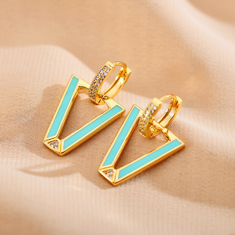 1 Pair Modern Style V Shape Copper Enamel Plating Inlay Zircon Gold Plated Drop Earrings