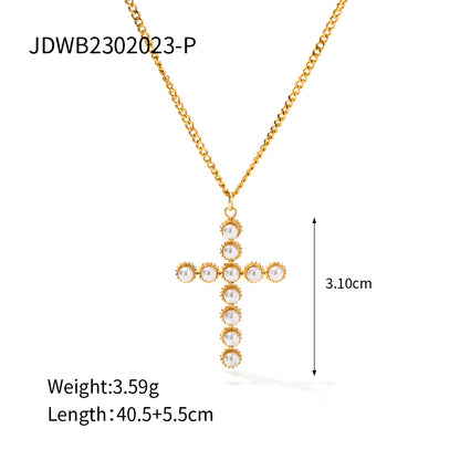 Modern Style Cross Stainless Steel Plating Inlay Pearl Stone 18k Gold Plated Pendant Necklace