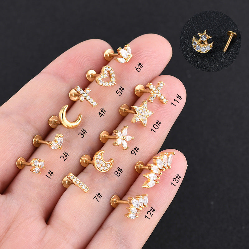 Classic Style Streetwear Geometric Moon Heart Shape Stainless Steel Copper Zircon Lip Stud Nose Studs In Bulk