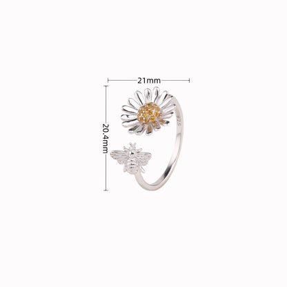 Wholesale Pastoral Artistic Sunflower Bee Sterling Silver White Gold Plated Gold Plated Zircon Open Ring