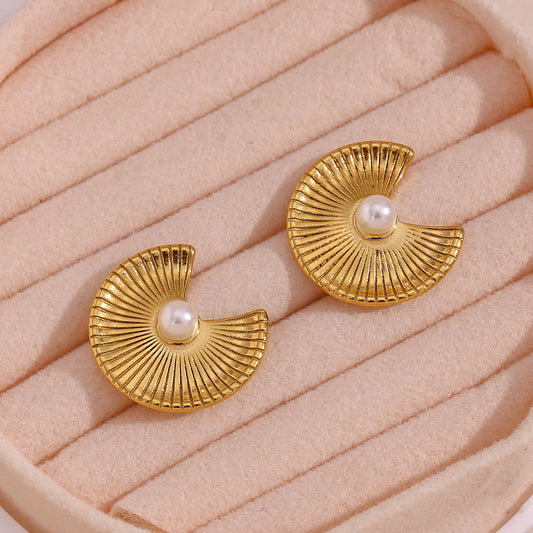 1 Pair French Style Sector Stainless Steel Plating Inlay Pearl 18k Gold Plated Ear Studs