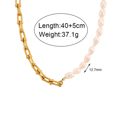 Vintage Style French Style Geometric Stainless Steel Freshwater Pearl Patchwork Plating 18k Gold Plated Bracelets Necklace