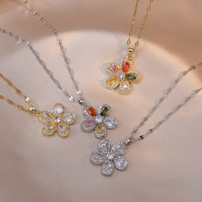 Elegant Lady Flower Titanium Steel Inlay Zircon Pendant Necklace