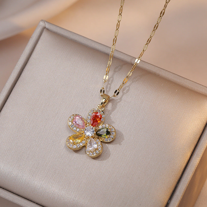 Elegant Lady Flower Titanium Steel Inlay Zircon Pendant Necklace