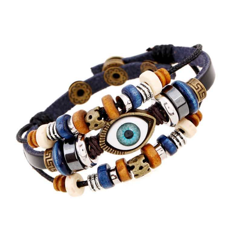 Retro Eye Pu Leather Beaded Resin Men's Bracelets