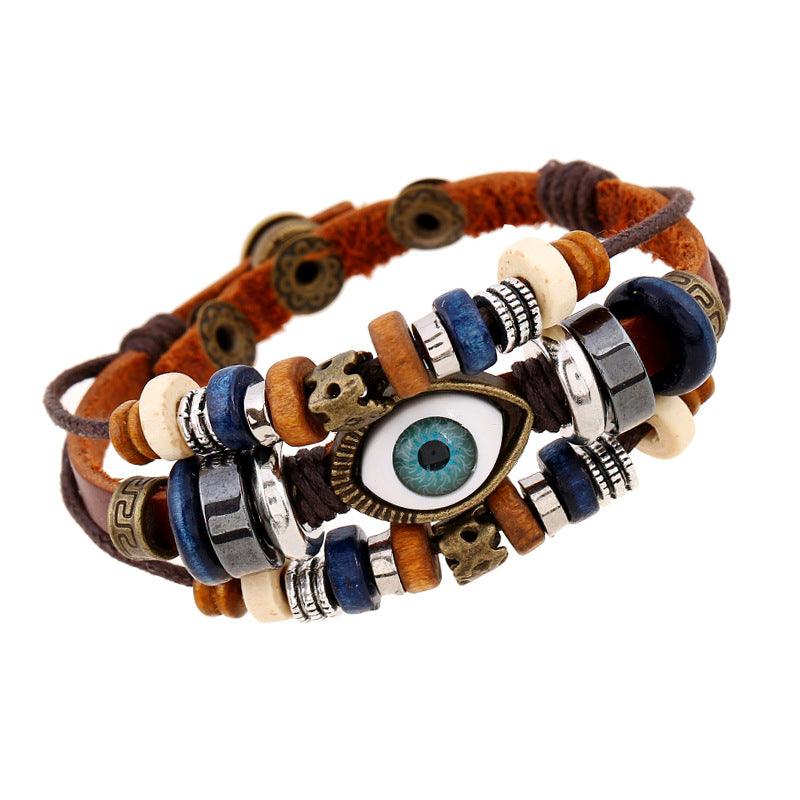 Retro Eye Pu Leather Beaded Resin Men's Bracelets