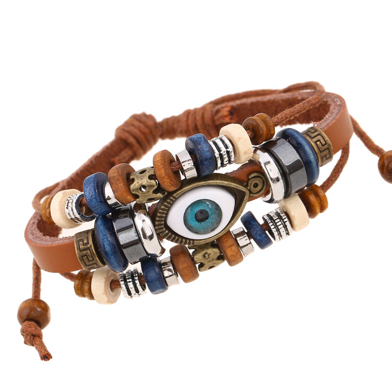 Retro Eye Pu Leather Beaded Resin Men's Bracelets