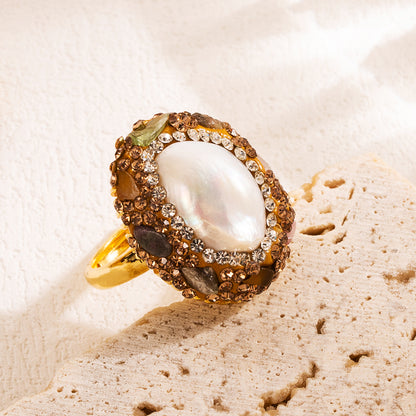 Elegant Luxurious Irregular Oval Copper Irregular Natural Stone Pearl Zircon 18k Gold Plated Open Ring