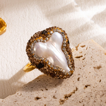 Elegant Luxurious Irregular Oval Copper Irregular Natural Stone Pearl Zircon 18k Gold Plated Open Ring