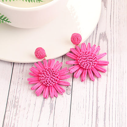 1 Pair Exaggerated Bohemian Chrysanthemum Braid Raffia Drop Earrings