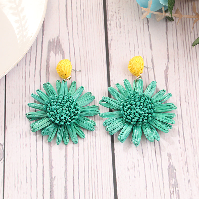 1 Pair Exaggerated Bohemian Chrysanthemum Braid Raffia Drop Earrings