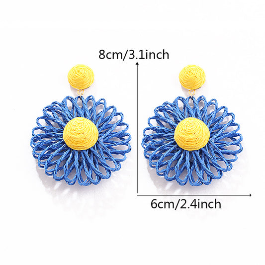 1 Pair Exaggerated Bohemian Chrysanthemum Braid Raffia Drop Earrings