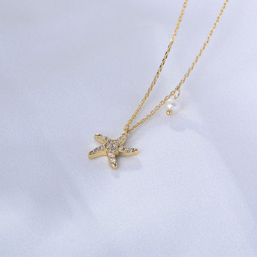 Wholesale Simple Style Starfish Sterling Silver Artificial Pearls Rhinestones Pendant Necklace