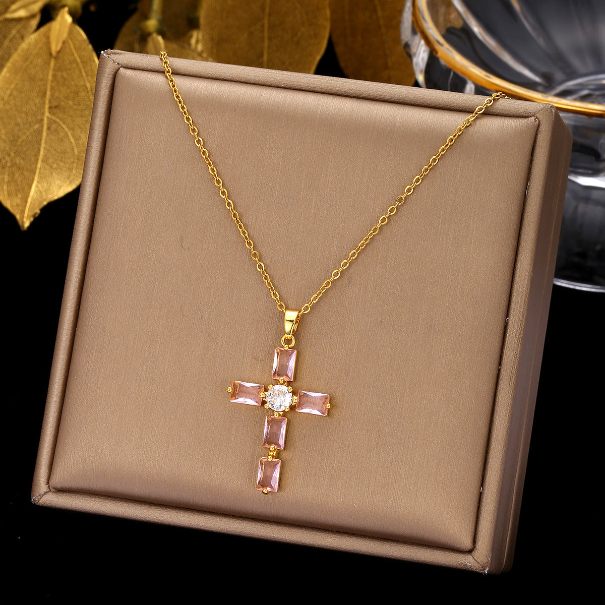 Ethnic Style Cross Stainless Steel Inlay Zircon Pendant Necklace