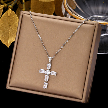 Ethnic Style Cross Stainless Steel Inlay Zircon Pendant Necklace