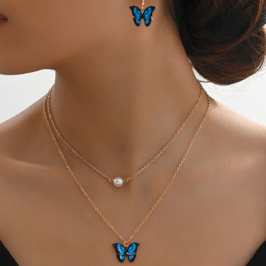 Elegant Beach Sweet Pearl Butterfly 18k Gold Plated Alloy Wholesale Earrings Necklace