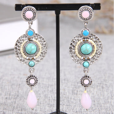 Retro Ethnic Style Round Alloy Inlay Turquoise Women's Drop Earrings