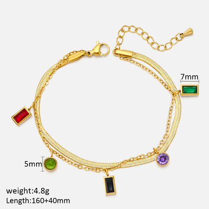 Cool Style Shiny Round Rectangle Stainless Steel Layered Plating Inlay Zircon 18k Gold Plated Bracelets