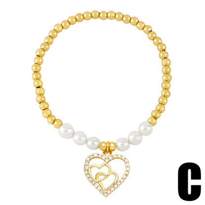 Fashion Simple Style Heart Shape Imitation Pearl Copper Charm Plating Inlay Shell Zircon Bracelets