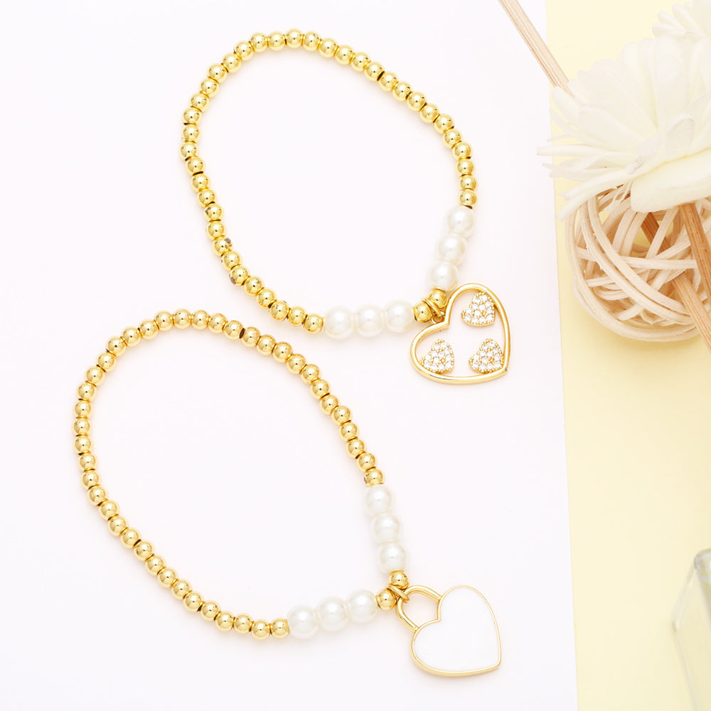 Fashion Simple Style Heart Shape Imitation Pearl Copper Charm Plating Inlay Shell Zircon Bracelets