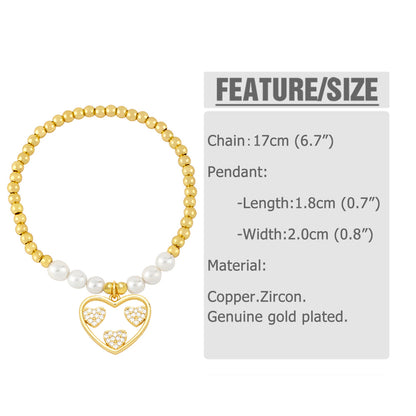 Fashion Simple Style Heart Shape Imitation Pearl Copper Charm Plating Inlay Shell Zircon Bracelets