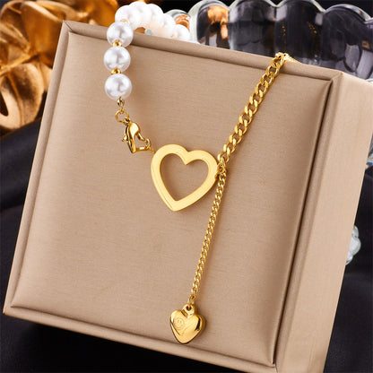 Elegant Heart Shape Imitation Pearl Titanium Steel Plating 18k Gold Plated Pendant Necklace