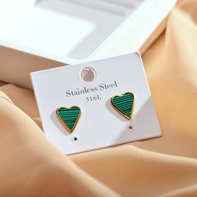 1 Pair Elegant Stripe Heart Shape Stainless Steel Plating Inlay Malachite Shell Gold Plated Ear Studs