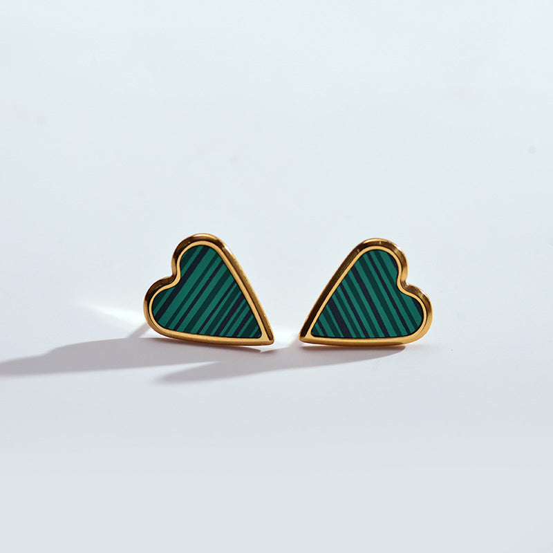 1 Pair Elegant Stripe Heart Shape Stainless Steel Plating Inlay Malachite Shell Gold Plated Ear Studs