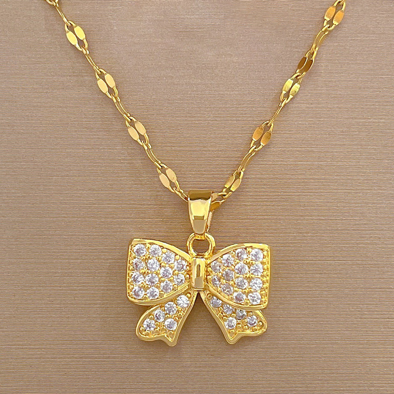 Sweet Bow Knot Stainless Steel Copper Inlay Artificial Gemstones Pendant Necklace