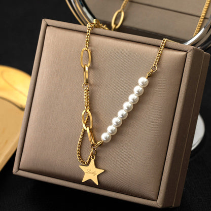 Vintage Style Luxurious Pentagram Letter Imitation Pearl Titanium Steel Plating 18k Gold Plated Pendant Necklace