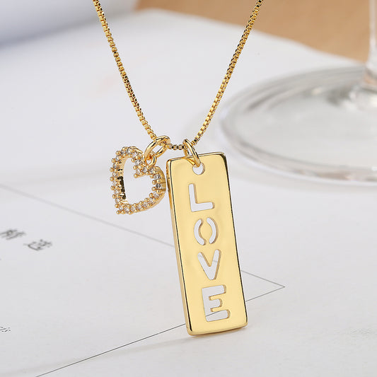 Simple Style Commute Letter Heart Shape Copper Plating Inlay Zircon 18k Gold Plated Pendant Necklace