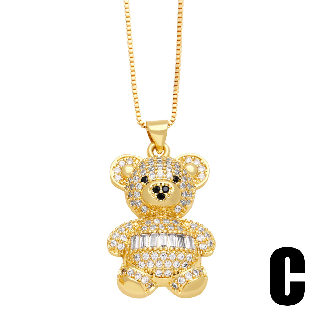Cute Sweet Little Bear Stainless Steel Copper Plating Inlay Zircon 18k Gold Plated Pendant Necklace